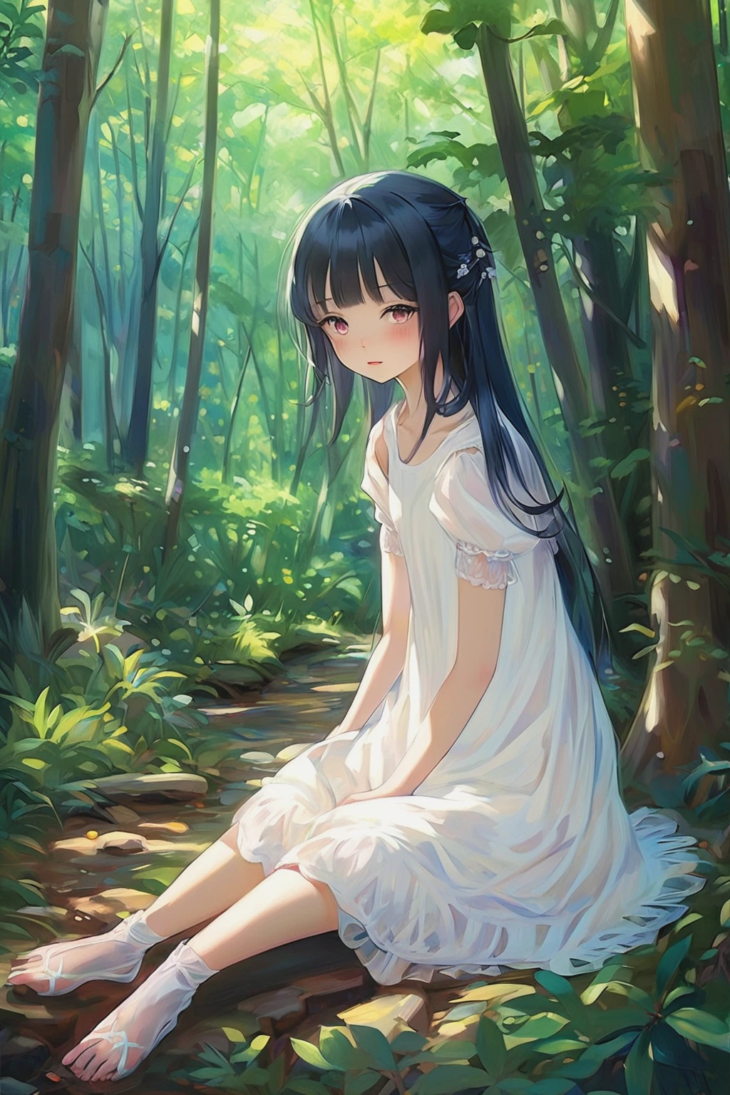 a girl in a white dress is sitting in the woods with , Chizuko Yoshida, official art, a detailed painting, furry art