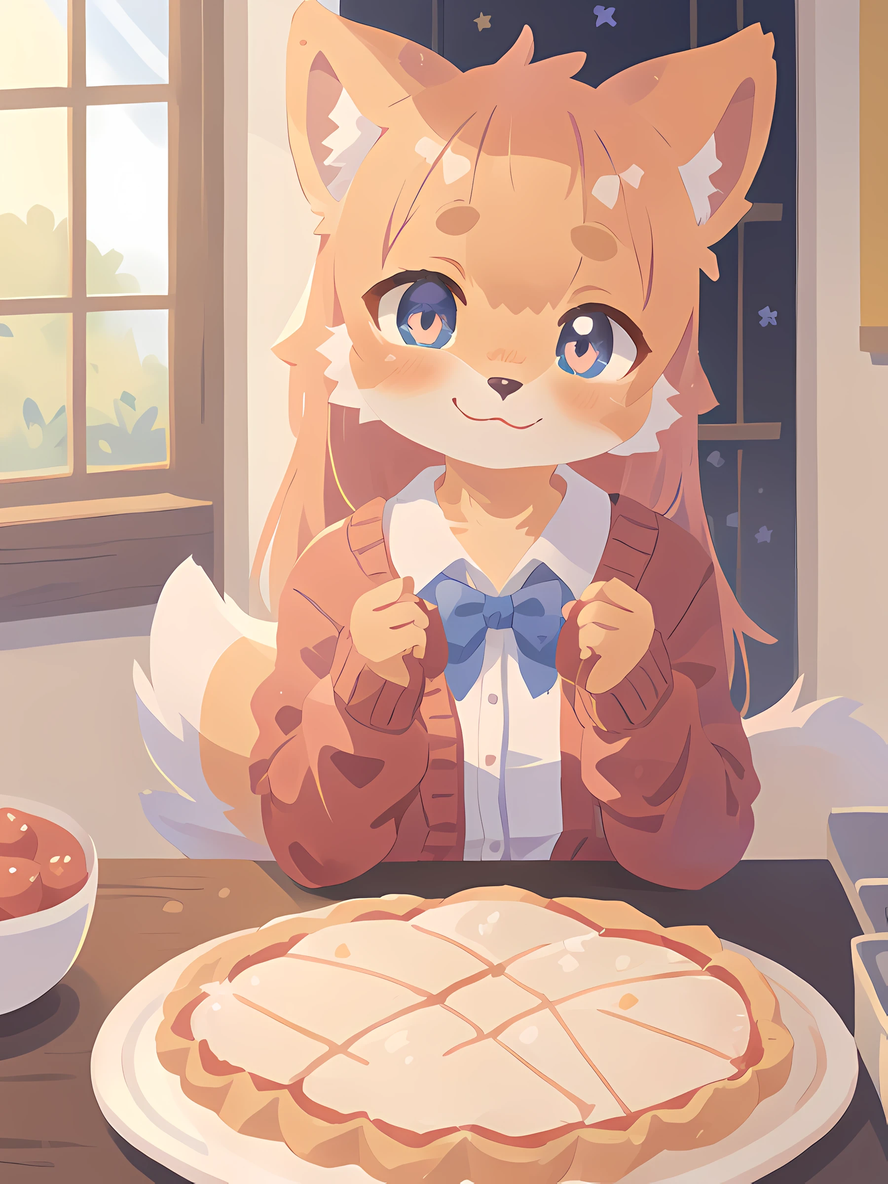 1girl, solo, table, tart, tart \(food\), star eyes, cardigan, bow, star shaped pupils, looking at viewer,  smile, (best quality, masterpiece, illustration, ultra-detailed:1.3), (uploaded on e621, furry, anthro, kemono:1.3)