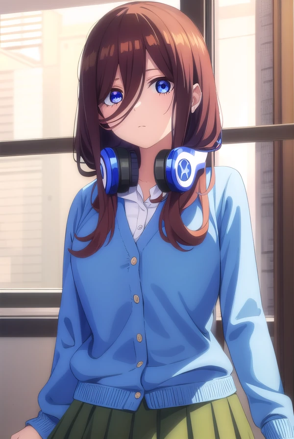 mikunakano, <lora:mikunakanospecial-lora-nochekaiser:1>,
miku nakano, long hair, bangs, blue eyes, brown hair, shirt, hair between eyes, headphones, cardigan, headphones around neck,
BREAK skirt, shirt, long sleeves, white shirt, pantyhose, pleated skirt, black pantyhose, cardigan, green skirt, blue cardigan,
BREAK indoors, classroom,
BREAK looking at viewer,
BREAK <lyco:GoodHands-beta2:1>, (masterpiece:1.2), best quality, high resolution, unity 8k wallpaper, (illustration:0.8), (beautiful detailed eyes:1.6), extremely detailed face, perfect lighting, extremely detailed CG, (perfect hands, perfect anatomy),