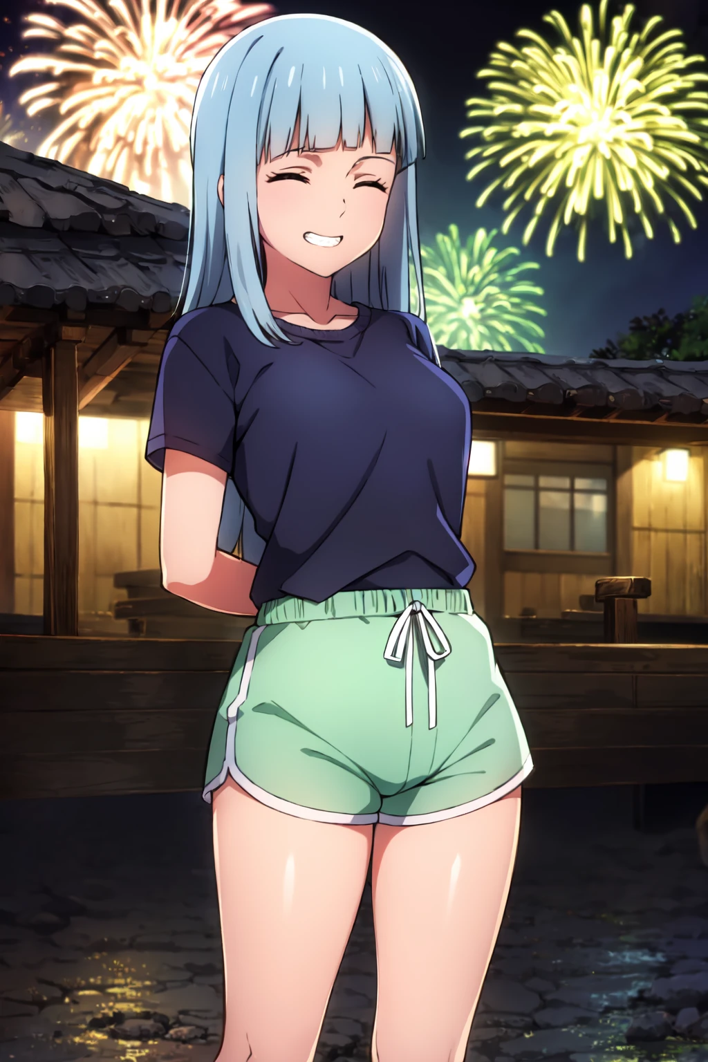 (extremely detailed CG unity 8k wallpaper),(masterpiece),(best quality),(ultra-detailed),(best illustration),(best shadow),(absurdres), <lora:Miwa-20:0.8>,Kasumi, 1girl, blue hair, long hair, eyes closed, dolphin shorts, t shirt, bangs, blunt bangs, looking at viewer, solo, standing,arms behind back, smile showing teeth, outdoors, night, fireworks background,<lora:dolphin_shorts_v0.1:0.9>