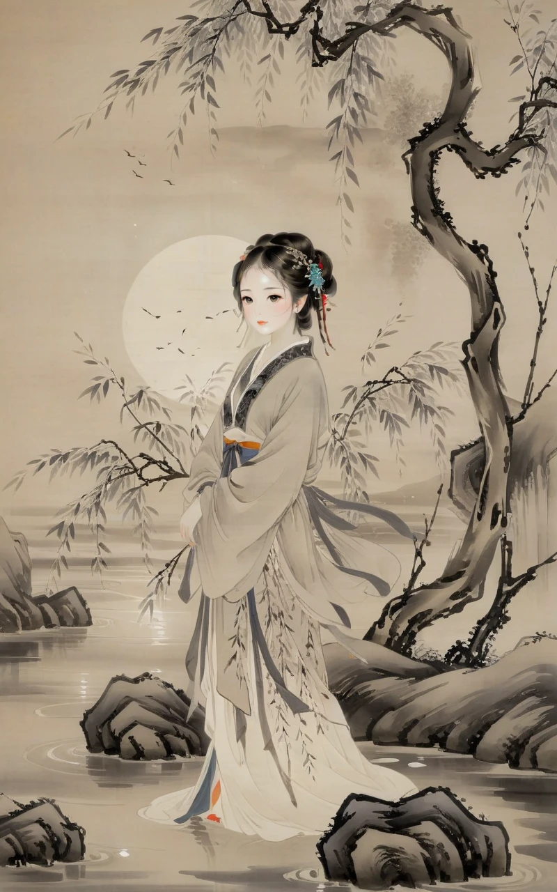 traditional chinese ink painting,willow branches,willow tree in background,wuchangshuo,black and white ink painting,
Best quality, 8k,cg,night,glowing,transparent,barefoot,1girl,standing_on_liquid,ripples,sparkler,dress,Formed by light,starry_background