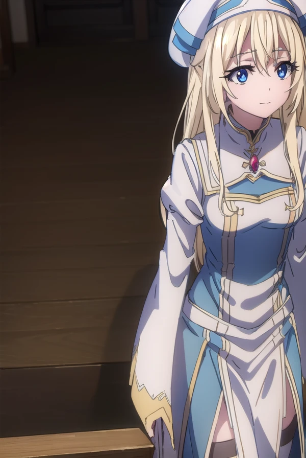 priestess, <lora:priestesss2-lora-nochekaiser:1>,
priestess, blonde hair, blue eyes, long hair, hair between eyes, (small breast:1.2), smile,
BREAK boots, dress, frilled sleeves, frills, hat, white headwear, pelvic curtain, high heels, robe, thigh boots, thighhighs, white thighhighs, long sleeves, puffy sleeves,
BREAK indoors, church,
BREAK looking at viewer, (cowboy shot:1.5),
BREAK <lyco:GoodHands-beta2:1>, (masterpiece:1.2), best quality, high resolution, unity 8k wallpaper, (illustration:0.8), (beautiful detailed eyes:1.6), extremely detailed face, perfect lighting, extremely detailed CG, (perfect hands, perfect anatomy),