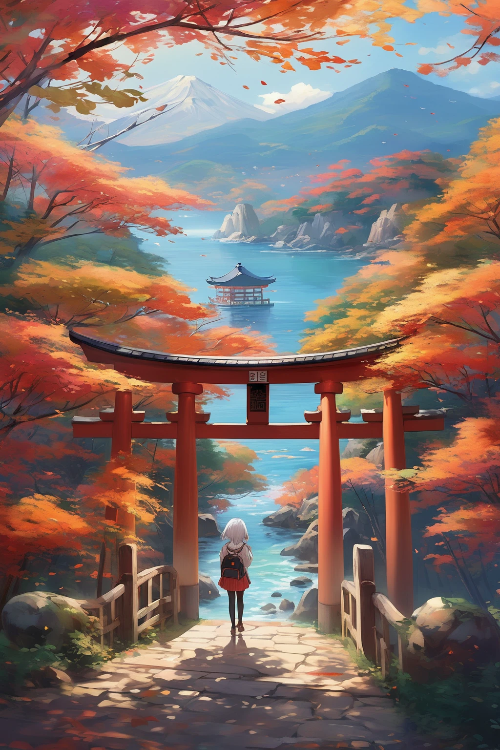 masterpiece,best quality, game CG,
small breasts, flat chest,
BREAK
(1girl:2.8),
white hair,
pageboy ,
jade eyes,
from side
cowboy shot
groin, hip line,
In the autumn of Japan, travelers flock to the beautiful Miyajima island where the fall foliage is in full bloom.
BREAK
The leaves, in shades of red and orange, reflect off the sea, complemented by the iconic Torii gate, creating a breathtaking view.
BREAK
Deers approach the tourists, both seemingly enjoying the autumn ambiance together.