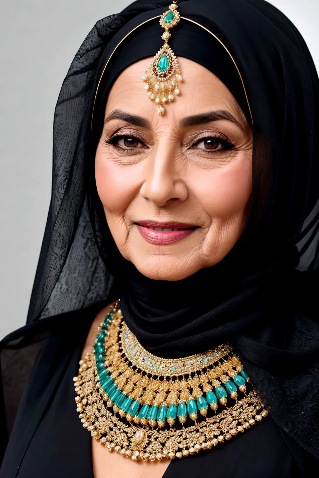 Produce a hyper-realistic portrait of a 70-year-old Arabic female wearing a hejab and a stunning dress adorned with intricate jewelry. The subject is set against a colored background that complements her clothing, with a warm and friendly expression that conveys wisdom and experience. The details of the jewelry are rendered in exquisite detail, and the subjectâs skin and eyes are ultra-detailed, with a touch of natural beauty that exudes grace and elegance.