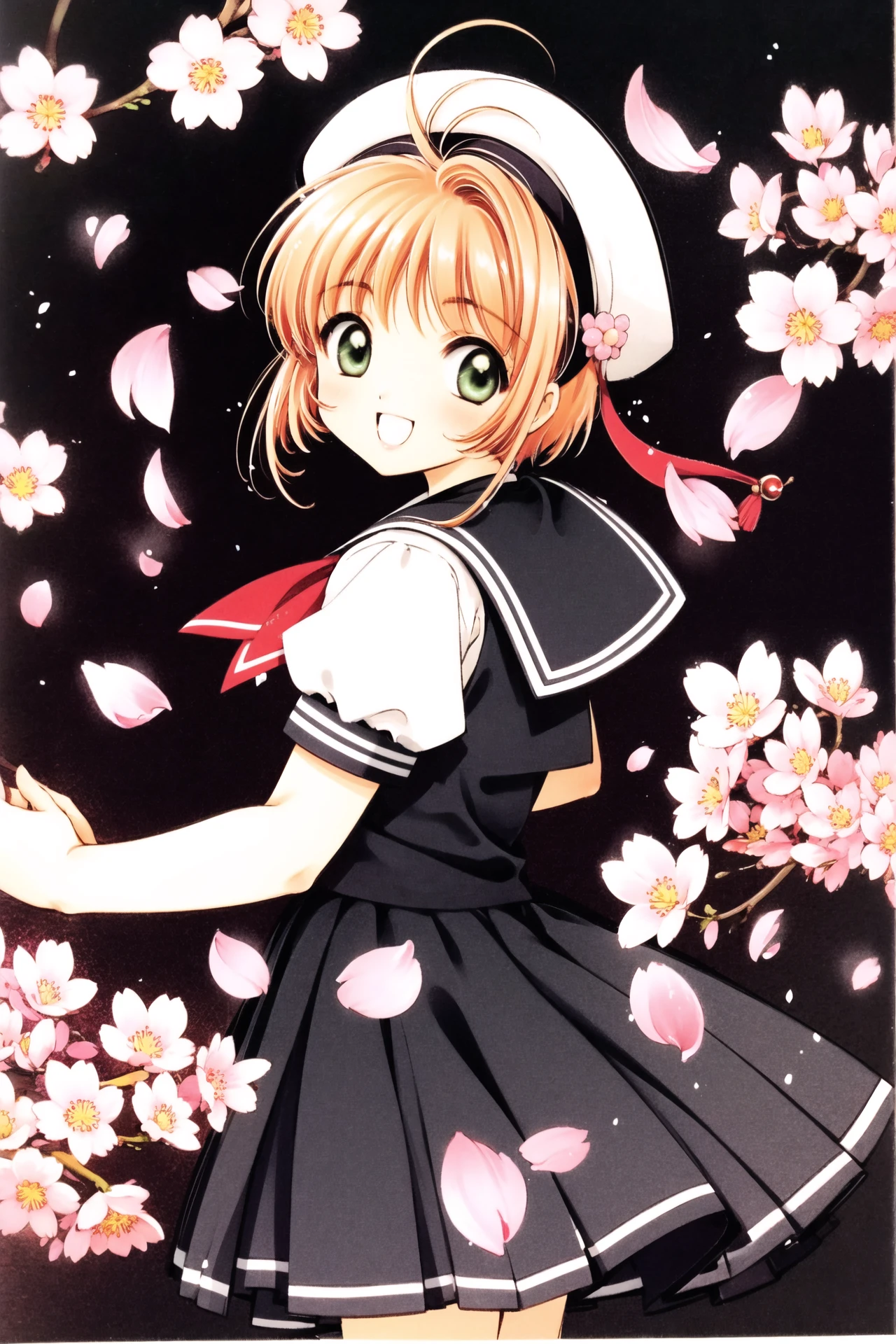 1girl, kinomoto sakura, solo,tomoeda ***************** uniform, green eyes, brown hair, skirt, school uniform, open mouth, hat, short sleeves, short hair, looking at viewer, smile, petals, puffy sleeves, black skirt, puffy short sleeves, antenna hair, white headwear, looking back, cherry blossoms, sailor collar, :d, white shirt, shirt, bangs, arms behind back,  <lora:Card Captor Sakura_v2:0.8>