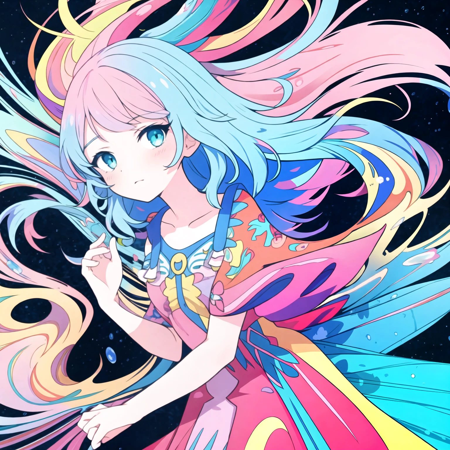 (flat color:1.1), (colorful:1.3), (masterpiece:1.2), best quality, original, extremely detailed wallpaper, looking at viewer, 1girl, solo, floating colorful water
