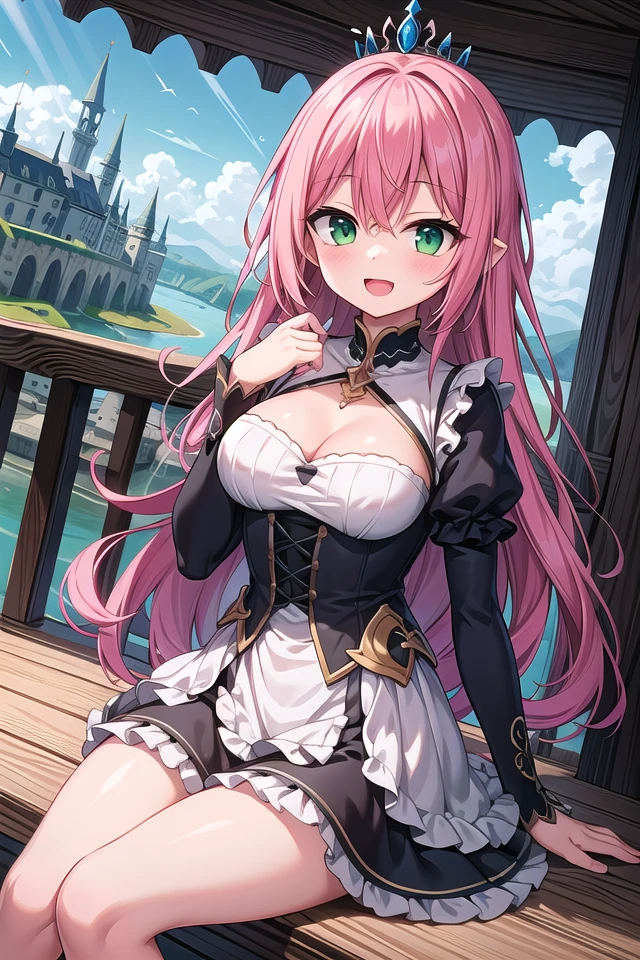 insanely detailed, absurdres, ultra-highres, ultra-detailed, best quality,
1girl, solo, nice hands, perfect hands,
BREAK
princess, princess dress with many frills, teara on hair,
happy smile, laugh, open mouth,
sitting, cute pose,
from below, cowboy shot,
BREAK
slender, kawaii, perfect symmetrical face, ultra cute girl, ultra cute face, ultra detailed eyes, ultra detailed hair, ultra cute, ultra beautiful,
BREAK
on roof of castle, (fantasy world, castle, panorama view:1.3), depth of field,
medium large breasts,
BREAK
pink hair, long hair, messy hair, green eyes, hair between eyes