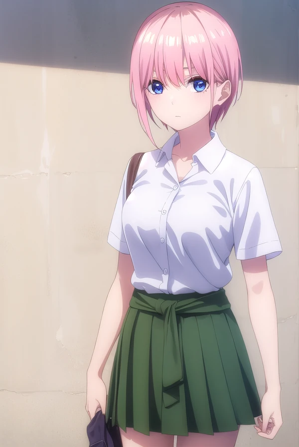 ichikanakano, <lora:ichikanakanospecial-lora-nochekaiser:1>,
ichika nakano, short hair, bangs, blue eyes, hair between eyes, pink hair,
BREAK skirt, shirt, school uniform, white shirt, short sleeves, pleated skirt, shoes, socks, collared shirt, black footwear, sweater, white socks, (green skirt:1.5), loafers, clothes around waist,
BREAK indoors, classroom,
BREAK looking at viewer, (cowboy shot:1.5),
BREAK <lyco:GoodHands-beta2:1>, (masterpiece:1.2), best quality, high resolution, unity 8k wallpaper, (illustration:0.8), (beautiful detailed eyes:1.6), extremely detailed face, perfect lighting, extremely detailed CG, (perfect hands, perfect anatomy),