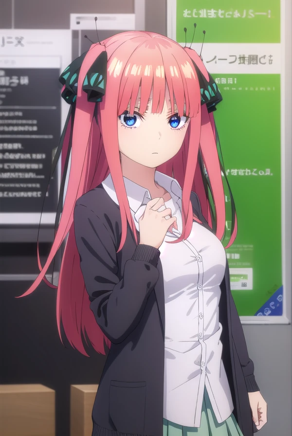 ninonakano, <lora:ninonakanospecial-lora-nochekaiser:1>,
nino nakano, long hair, bangs, blue eyes, hair ornament, hair ribbon, pink hair, blunt bangs, two side up, butterfly hair ornament,
BREAK skirt, shirt, long sleeves, white shirt, pleated skirt, open clothes, collared shirt, sleeves past wrists, dress shirt, cardigan, green skirt, open cardigan, black cardigan,
BREAK indoors, classroom,
BREAK looking at viewer, (cowboy shot:1.5),
BREAK <lyco:GoodHands-beta2:1>, (masterpiece:1.2), best quality, high resolution, unity 8k wallpaper, (illustration:0.8), (beautiful detailed eyes:1.6), extremely detailed face, perfect lighting, extremely detailed CG, (perfect hands, perfect anatomy),