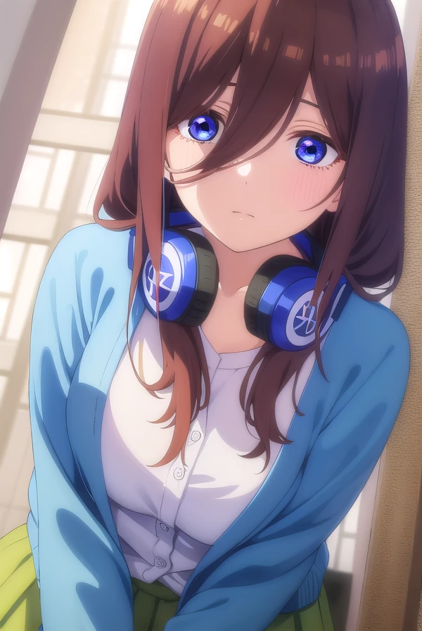 mikunakano, <lora:mikunakanospecial-lora-nochekaiser:1>, 
miku nakano, long hair, bangs, blue eyes, brown hair, shirt, hair between eyes, headphones, cardigan, headphones around neck,
BREAK skirt, shirt, long sleeves, white shirt, pantyhose, pleated skirt, black pantyhose, cardigan, green skirt, blue cardigan,
BREAK indoors, classroom,
BREAK looking at viewer, 
BREAK <lyco:GoodHands-beta2:1>, (masterpiece:1.2), best quality, high resolution, unity 8k wallpaper, (illustration:0.8), (beautiful detailed eyes:1.6), extremely detailed face, perfect lighting, extremely detailed CG, (perfect hands, perfect anatomy),
