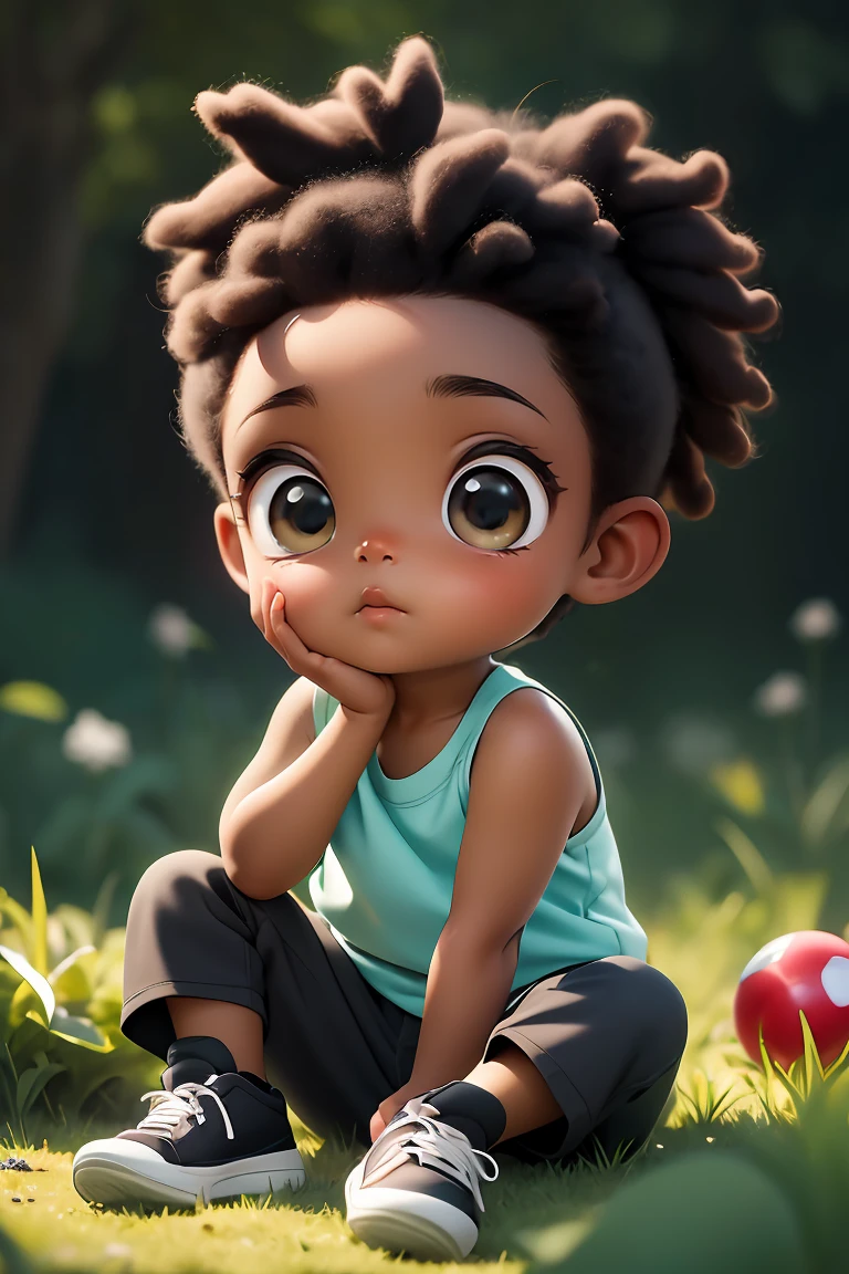 chibi, masterpiece, best quality, original, official art,full body, realistic portrait of cute African American ((dark brown skin color)), big eyes, sitting playing with a ball,grass, wearing tank top, black pants and black shoes, current fashion, kanekalon style hair,close-up, product view, detailed facial details, perfect face, sharpness, trend art, sharp facial details, neon lighting,blurred background,<lora:GoodHands-beta2:1>, cartoon rendering,