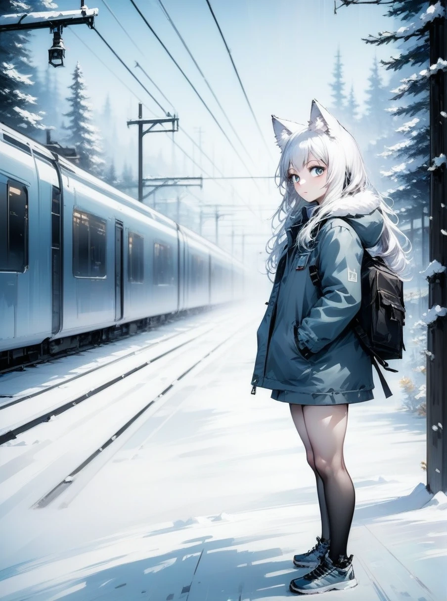 1girl, animal ears, grey eyes, hairclip, long hair, jacket, standing, white hair, wolf ears, outdoors, snow, hands in pockets, full body, train