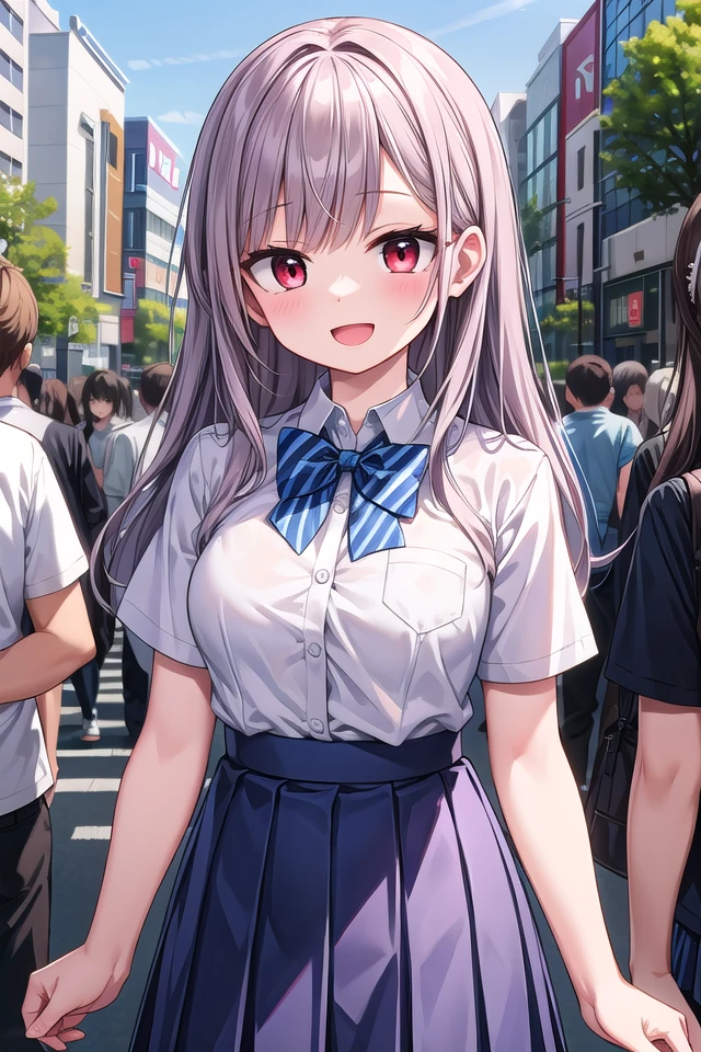 insanely detailed, absurdres, ultra-highres, ultra-detailed, best quality,
1girl, solo, nice hands, perfect hands,
BREAK
summer ****** uniform with indigo blue bowtie, (short sleeves, dark blue skirt, pleated skirt:1.3), (indigo blue:1.3) bowtie, (white shirt:1.3), shirt with white button, (skirt with many pleats:1.4), plain shirt, plain skirt, (striped bowtie:1.3), shirt_tucked_in 
BREAK
happy smile, laugh, open mouth, standing,
(45 angle:-1.5), (from side:-1.5),
cute pose, cowboy shot,
BREAK
slender, kawaii, perfect symmetrical face, ultra cute girl, ultra cute face, ultra detailed eyes, ultra detailed hair, ultra cute, ultra beautiful,
BREAK
in harajuku, shibuya, tokyo, street, crowd, cityscape,
BREAK
medium large breasts,
(grey hair, red eyes),