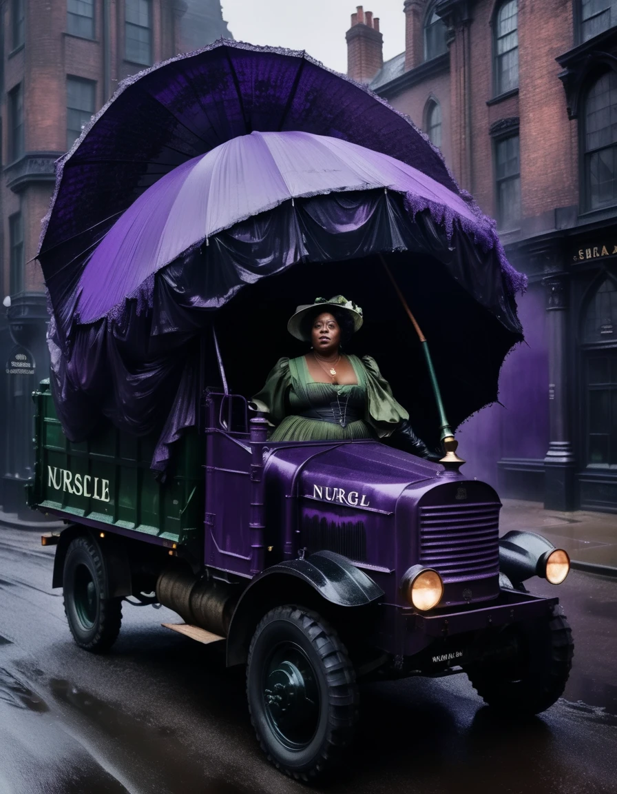 A garbage truck with the name "Nurgle" on the side, in the style of fantastic realism, is driving through a dark and eerie city. The city is filled with twisted and distorted buildings, and the sky is a deep shade of purple. The garbage truck is being followed by a woman named Gladys Dawson, who is dressed in a Victorian-era outfit and carrying a parasol. She is inspired by the works of Satoshi Kon and zdzislaw beksinski.