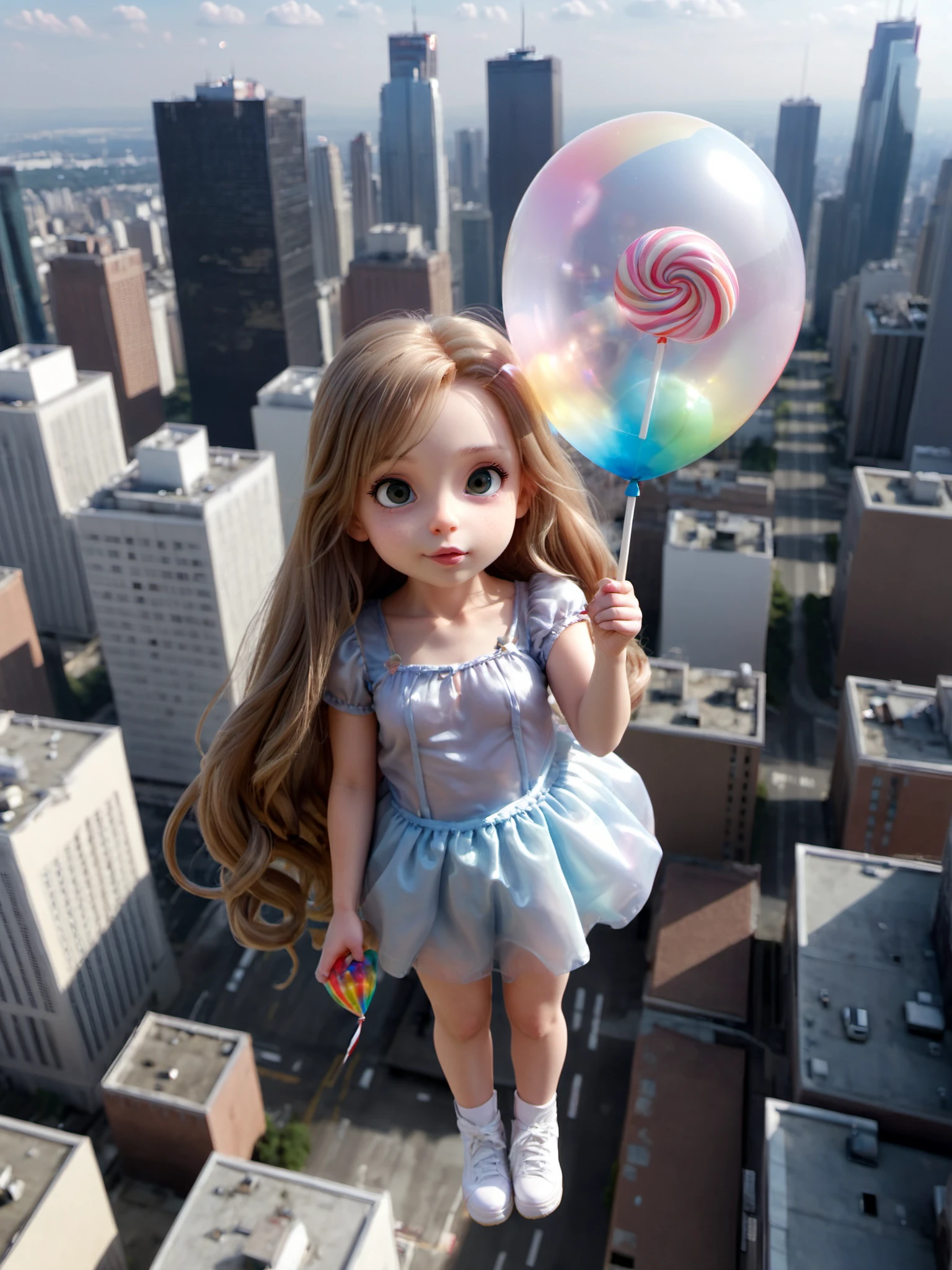 chibi girl with very long hair floating in the sky high above the city holding on to a translucent balloon lollipop hybrid, 8k, epic realistic, ultra detail