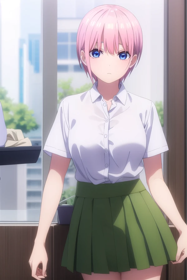 ichikanakano, <lora:ichikanakanospecial-lora-nochekaiser:1>,
ichika nakano, short hair, bangs, blue eyes, hair between eyes, pink hair,
BREAK skirt, shirt, school uniform, white shirt, short sleeves, pleated skirt, shoes, socks, collared shirt, black footwear, sweater, white socks, (green skirt:1.5), loafers, clothes around waist,
BREAK indoors, classroom,
BREAK looking at viewer, (cowboy shot:1.5),
BREAK <lyco:GoodHands-beta2:1>, (masterpiece:1.2), best quality, high resolution, unity 8k wallpaper, (illustration:0.8), (beautiful detailed eyes:1.6), extremely detailed face, perfect lighting, extremely detailed CG, (perfect hands, perfect anatomy),