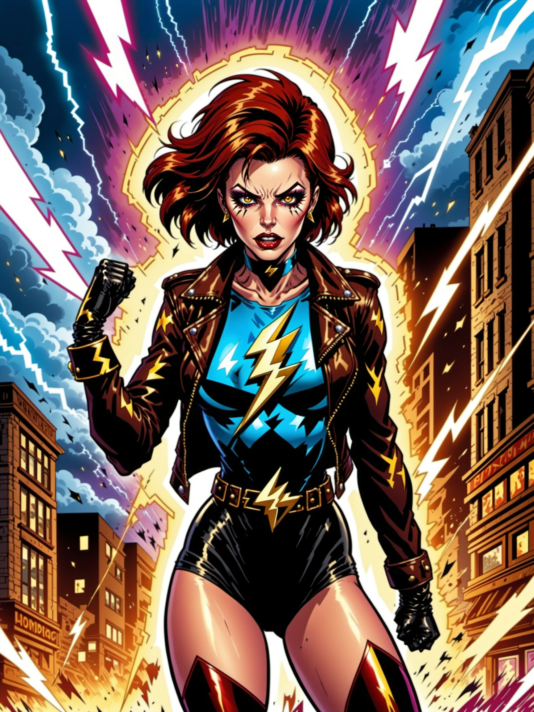 1boy, male focus, solo, looking at viewer, afraid, fearful look,  brown hair,leather jacket, sexy dress, drag queen style, lightning bolt symbol, thunderstorm, gold eyes, hands behind head, dc comics, lightning bolt streaks, lightning fast, outdoors, city, sky, clouds