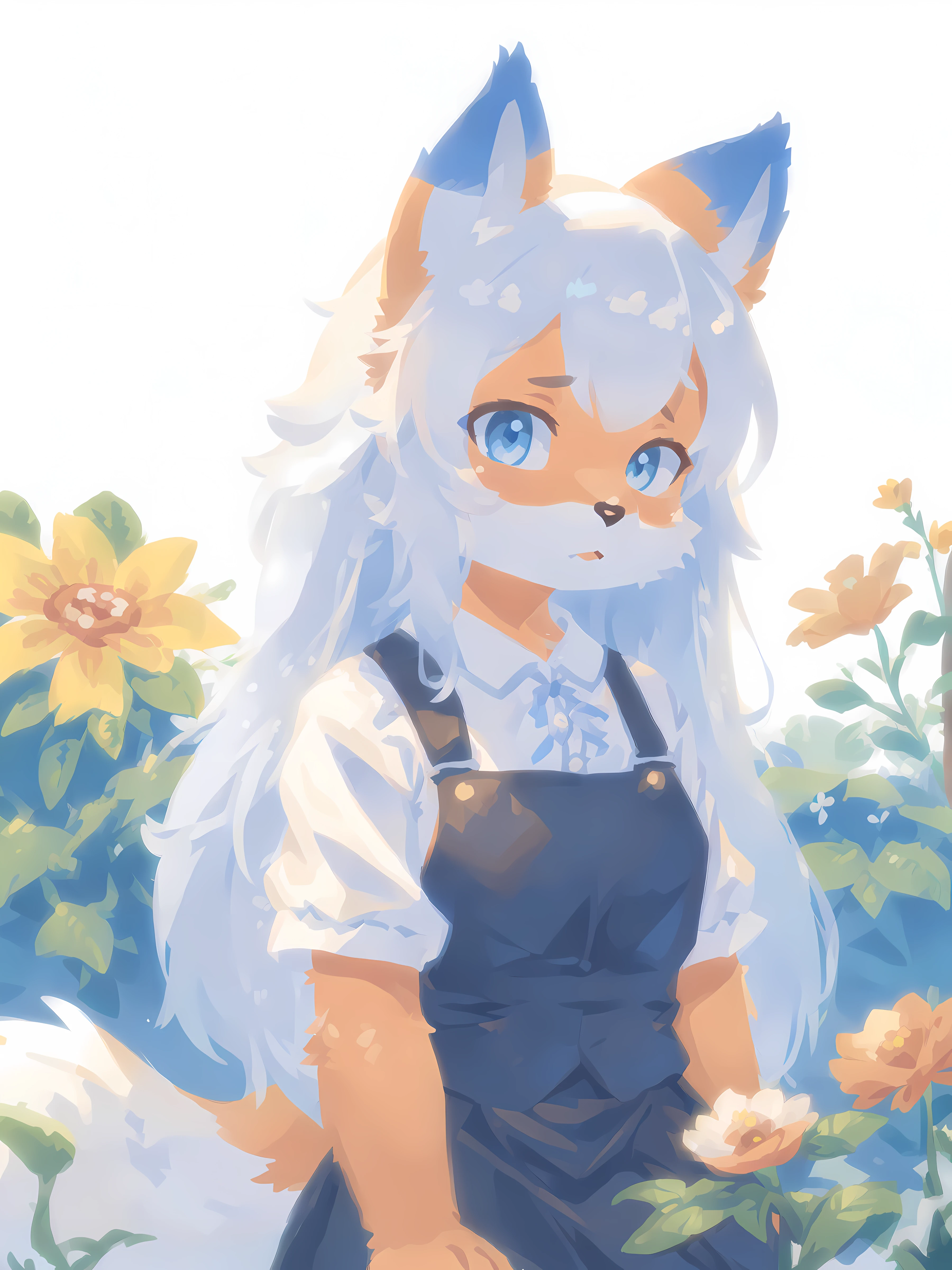 garden, flowers, plants, white shirt, bow, suspender skirt, anthro fox girl, fox tail, blue eyes, long hair, blue sky, white hair, looking at viewer, (white background:1.3), (best quality, masterpiece, illustration, ultra-detailed:1.3), (uploaded on e621, furry, anthro, kemono:1.3)