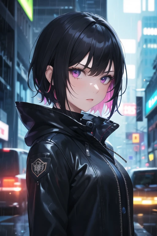 1girl, solo focus, short hair, multicolored hair,beautiful face, black coat, white shirt, accessories, city background, futuristic city, night, rain, moody,cyberpunk,