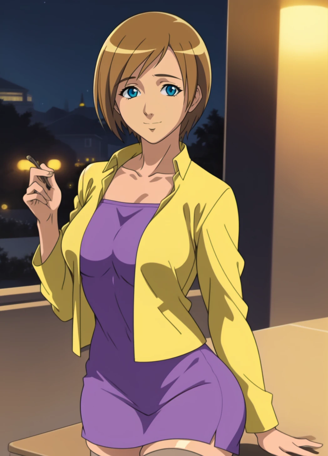 minako haruno
solo, mature female,
1girl,blue eyes, short hair, brown hair, beautiful legs, pixie cut,
yellow jacket, purple dress, skin colored thighhighs, open jacket,
smile,
cafe, night,
(masterpiece:1.4), (best quality:1.4), realistic,
<lora:minako_haruno_urotsukidoji_ver10:0.7>
