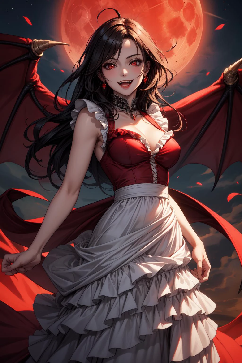 masterpiece, best quality, detailed, 1girl, mature female, crimson sky, arms at sides, red crimson moon, vampire,( red undershirt:1.1), long two toned frilled dress, gentle breeze, smile, fangs, (medium breasts:1.2)