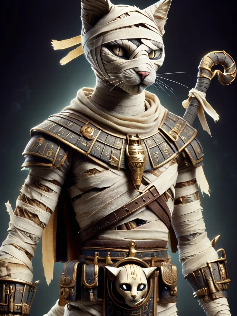 bastet, cat, a male warrior bastet, heavy black and bronze armor, armor plates, shoulder plates, skull belt, holding weapon in his right hand, glowing white eyes <lora:bastet-sdxl:1>