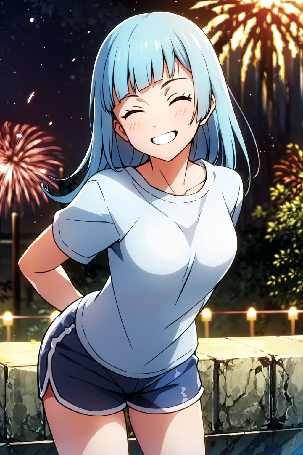 (extremely detailed CG unity 8k wallpaper),(masterpiece),(best quality),(ultra-detailed),(best illustration),(best shadow),(absurdres), <lora:Miwa-20:0.8>,Kasumi, 1girl, blue hair, long hair, eyes closed, dolphin shorts, t shirt, bangs, blunt bangs, looking at viewer, solo, standing,arms behind back, smile showing teeth, outdoors, night, fireworks background, leaning forward, cowboy shot,<lora:dolphin_shorts_v0.1:0.9>