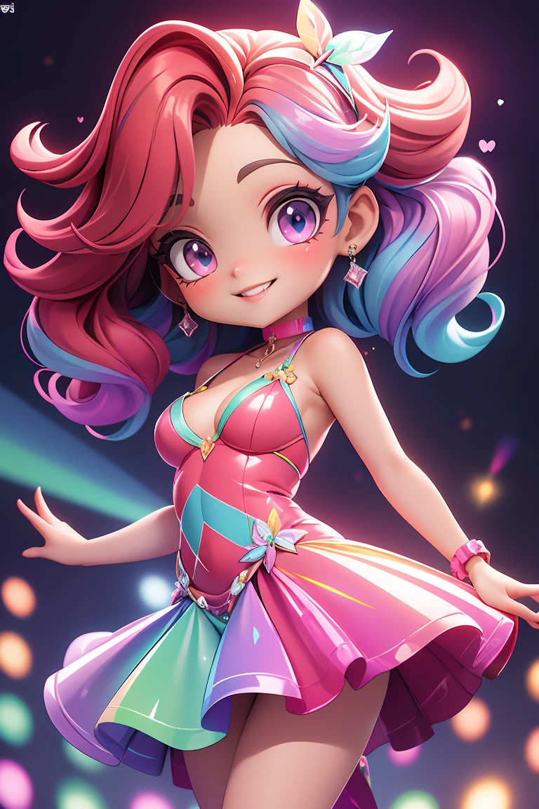 chibi, masterpiece, best quality, original, official art,fcPortrait, Petite woman, her every feature bathed in the playful glow of a pink color scheme, captivating and mesmerizing, ((bodycon dress adorned with iridescent hues, reflecting light in a dazzling display, Holographic gems delicately reflecting a rainbow of colors, slender choker adding a touch of elegance)), shimmering with lustrous hues matching the holo scheme, holographic makeup adorning her eyes and lips, shimmering body glitter on her chest and cleavage, Sleek waves of red hair, shimmering with lustrous hues, raver-infused ambiance, magnetic presence exuding grace, confidence, and a unique allure that captures all attention, ((rave background, laser lights, indoors)), ((dancing, smiling)), dynamic pose, dynamic angle,glossy eyes,cinematic shot,vibrant colors,gorgeous colors,dynamic action pose, <lora:GoodHands-beta2:1>, cartoon rendering,