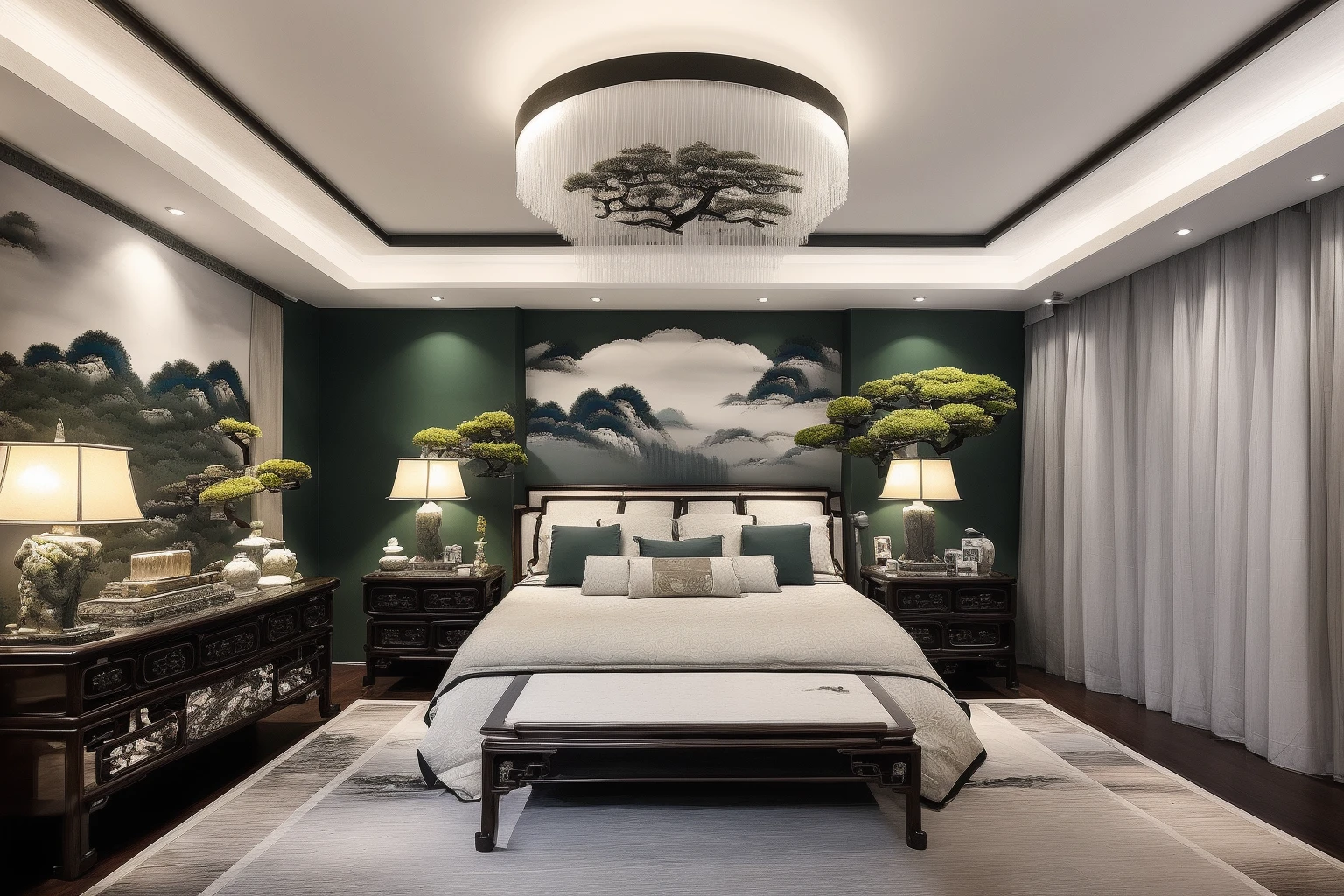 ((best quality)),((masterpiece)),((realistic)), <lora:JJsChineseStyle:.7> , photorealistic, sky,tree
(((Chinese Style))) ,indoor scenery, indoor ,wall ,rug ,painting , lamp, flower, vase , chair ,table ,ceiling light, living room, plant, window ,curtain,bed, pillow,