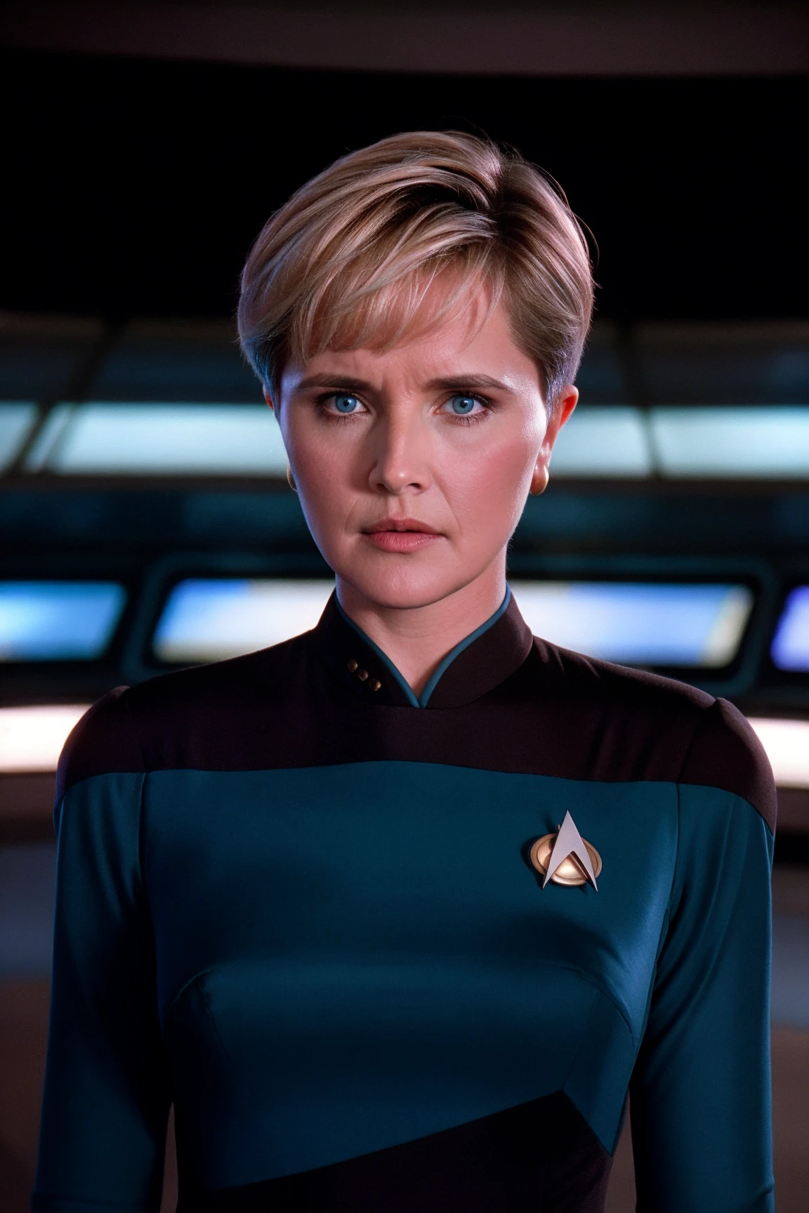 ltyr in blue s3stngunf,enterprise bridge,professional photograph of a stunning woman detailed, sharp focus, dramatic, award winning, cinematic lighting, octane render, unreal engine, volumetrics dtx, (film grain, bokeh, blurry foreground, blurry background)<lora:STNGV3new:0.8>