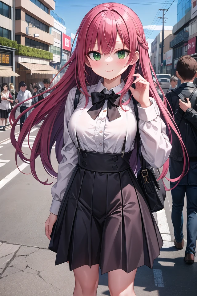 insanely detailed, absurdres, ultra-highres, ultra-detailed, best quality,
1girl, solo, nice hands, perfect hands,
BREAK
braid, shirt, holding, mary janes, socks, black skirt, long hair, white shirt, suspender skirt, white socks, long sleeves, ribbon, suspenders, standing, ruffles, black ribbon, bow , black bow tie, long skirt, black bow, neck ribbon, bowtie, bag
BREAK
happy smile, laugh, closed mouth, standing,
(45 angle:-1.5), (from side:-1.5),
cute pose, cowboy shot,
BREAK
slender, kawaii, perfect symmetrical face, ultra cute girl, ultra cute face, ultra detailed eyes, ultra detailed hair, ultra cute, ultra beautiful,
BREAK
in harajuku, shibuya, tokyo, street, crowd, cityscape,
BREAK
large breasts,
(red hair, green eyes), hime cut