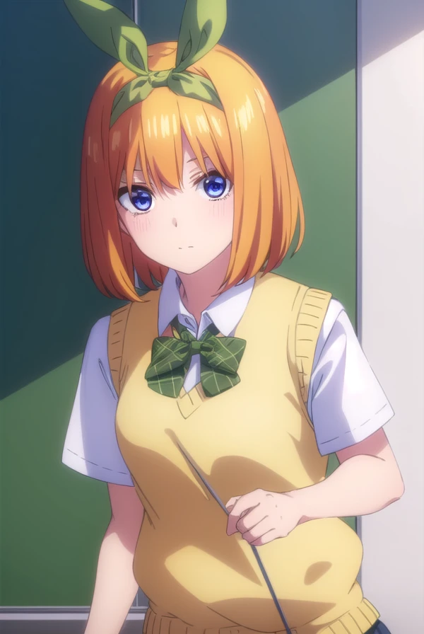 yotsubanakano, <lora:yotsubanakanospecial-lora-nochekaiser:1>,
yotsuba nakano, bangs, short hair, blue eyes, hair between eyes, hair ribbon, hairband, orange hair, (green ribbon:1.5),
BREAK skirt, shirt, bow, ribbon, school uniform, white shirt, short sleeves, pleated skirt, shoes, socks, collared shirt, miniskirt, bowtie, black footwear, kneehighs, green skirt, black socks, loafers, green bow, sweater vest, green ribbon, (yellow sweater vest:1.5),
BREAK indoors, classroom,
BREAK looking at viewer, (cowboy shot:1.5),
BREAK <lyco:GoodHands-beta2:1>, (masterpiece:1.2), best quality, high resolution, unity 8k wallpaper, (illustration:0.8), (beautiful detailed eyes:1.6), extremely detailed face, perfect lighting, extremely detailed CG, (perfect hands, perfect anatomy),