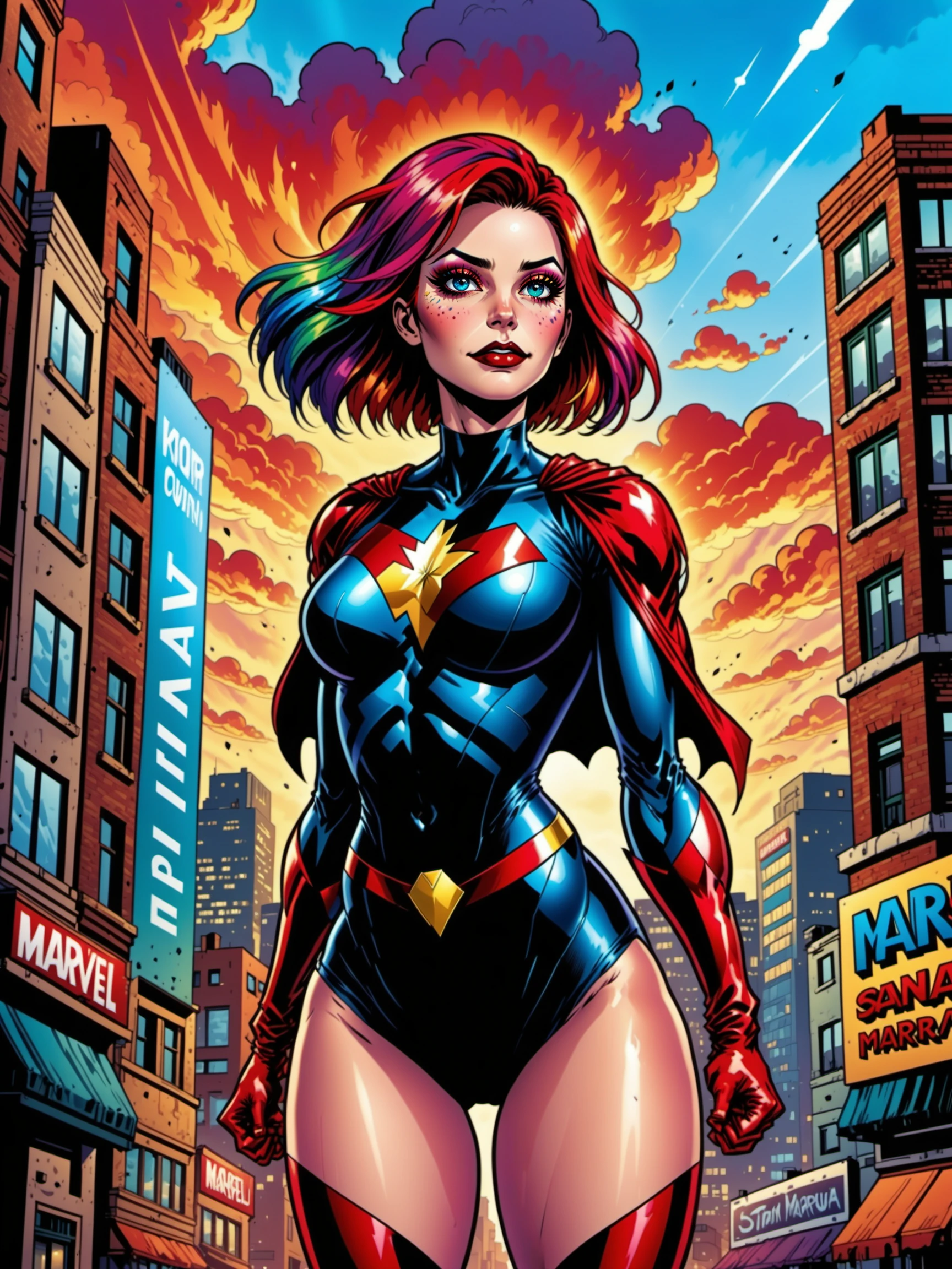 1girl, solo, looking at viewer, body suit, superhero style, rainbow hair, multicolored hair, gradient hair, cape, outdoors, city, sky, clouds, marvel comics, sketch, comic book style,
