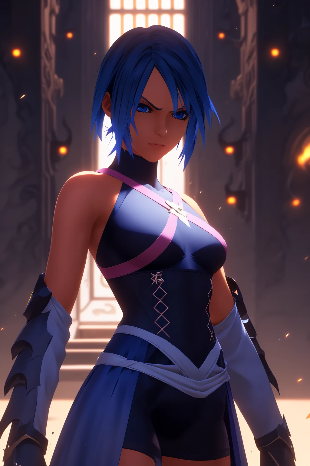 Highly detailed, High Quality, Masterpiece, <lora:[Floor]KHAqua:.7>, solo, 1girl, KH-Aqua, blue eyes, blue hair, short hair, arm armor, pink torso strap, chest ornament, dark blue halter turtleneck, young woman, blue skirt with white ribbons, grey fingerless gloves, black shorts, black thighhighs, destruction, blue flames, r1ge, <lora:r1ge - AnimeRage:.7>