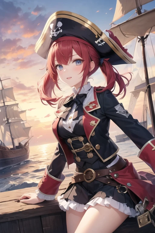 1girl,cute and beautiful fase,red hair,twintails, practical pirate attire, (long-sleeved pirate blouse), skirt,torn pirate hat, looking at viewer, fantasy,(pirate ship)