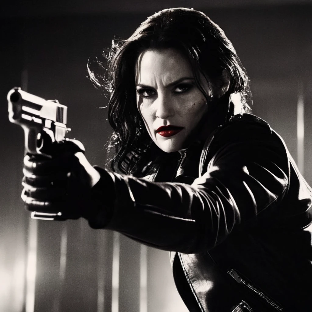 cinematic film still of  <lora:sin city style:1.2>
Graphic Novel by Frank Miller
a woman with a bloody face and a leather jacket holding a gun sin city style, shallow depth of field, vignette, highly detailed, high budget, bokeh, cinemascope, moody, epic, gorgeous, film grain, grainy