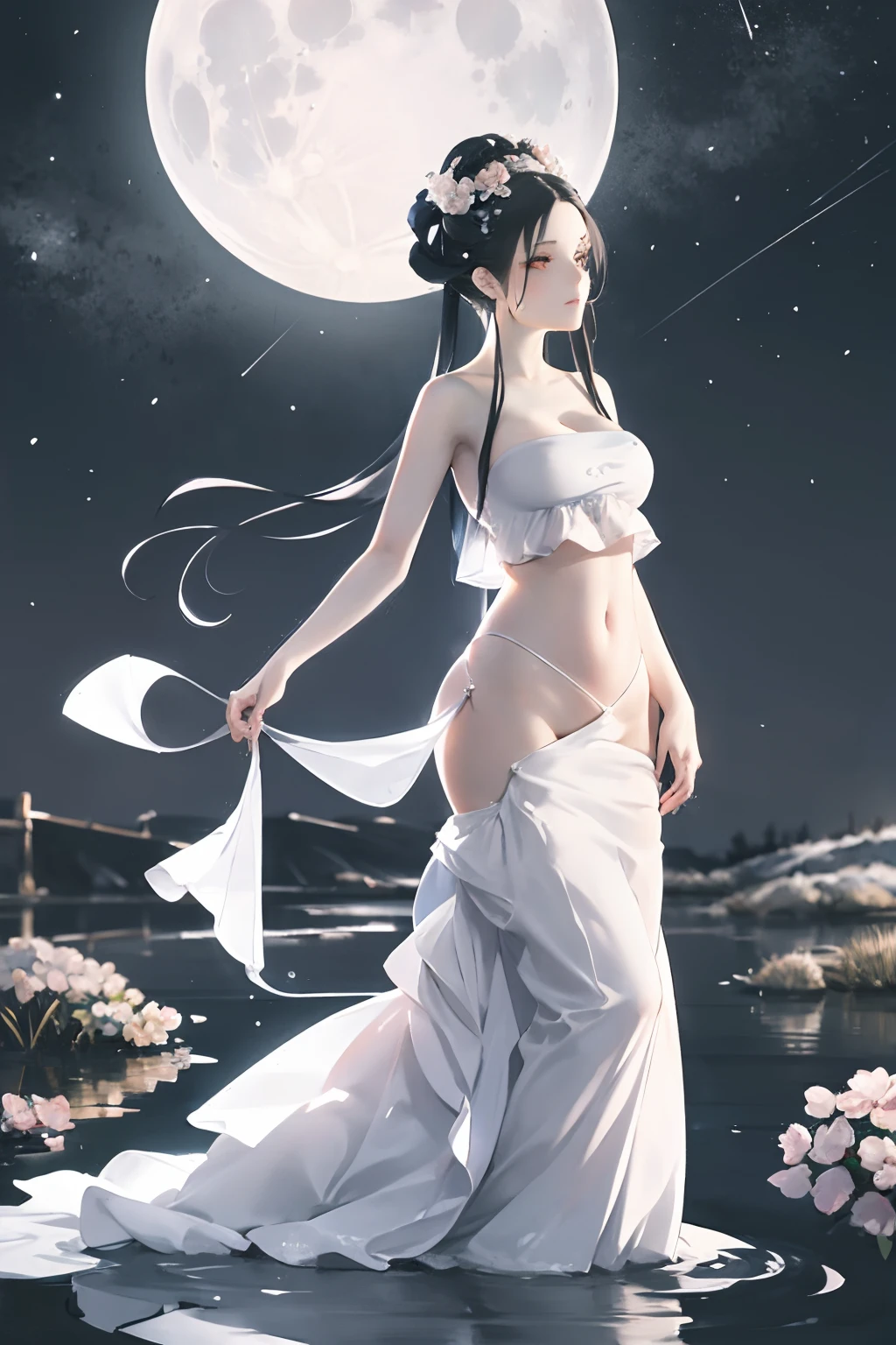1girl,clear face,hyperdetail,huge breasts,navel,standing,(outdoors:1.2),black hair,profile,realistic,solo,<lora:handudou_lbc:0.8>,high quality,masterpiece,
BREAK
((moon)),starry sky,(lighting particle),fog,snow,(bloom),(water bloom),(delicate glow),(breeze),long Flowers meadow,