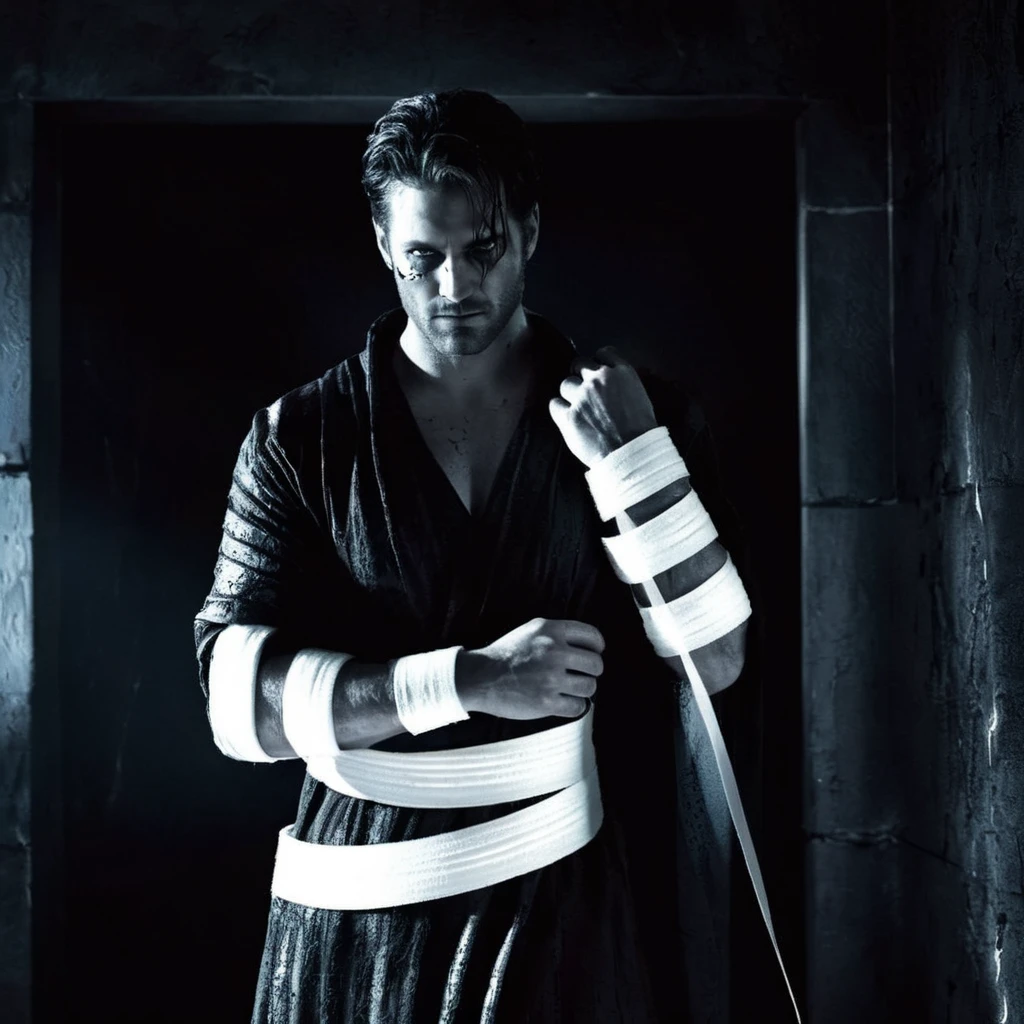 Dark Fantasy Art of <lora:Sin City:1>
a man standing in a room with glowing bandages on their arms sin city style, dark, moody, dark fantasy style