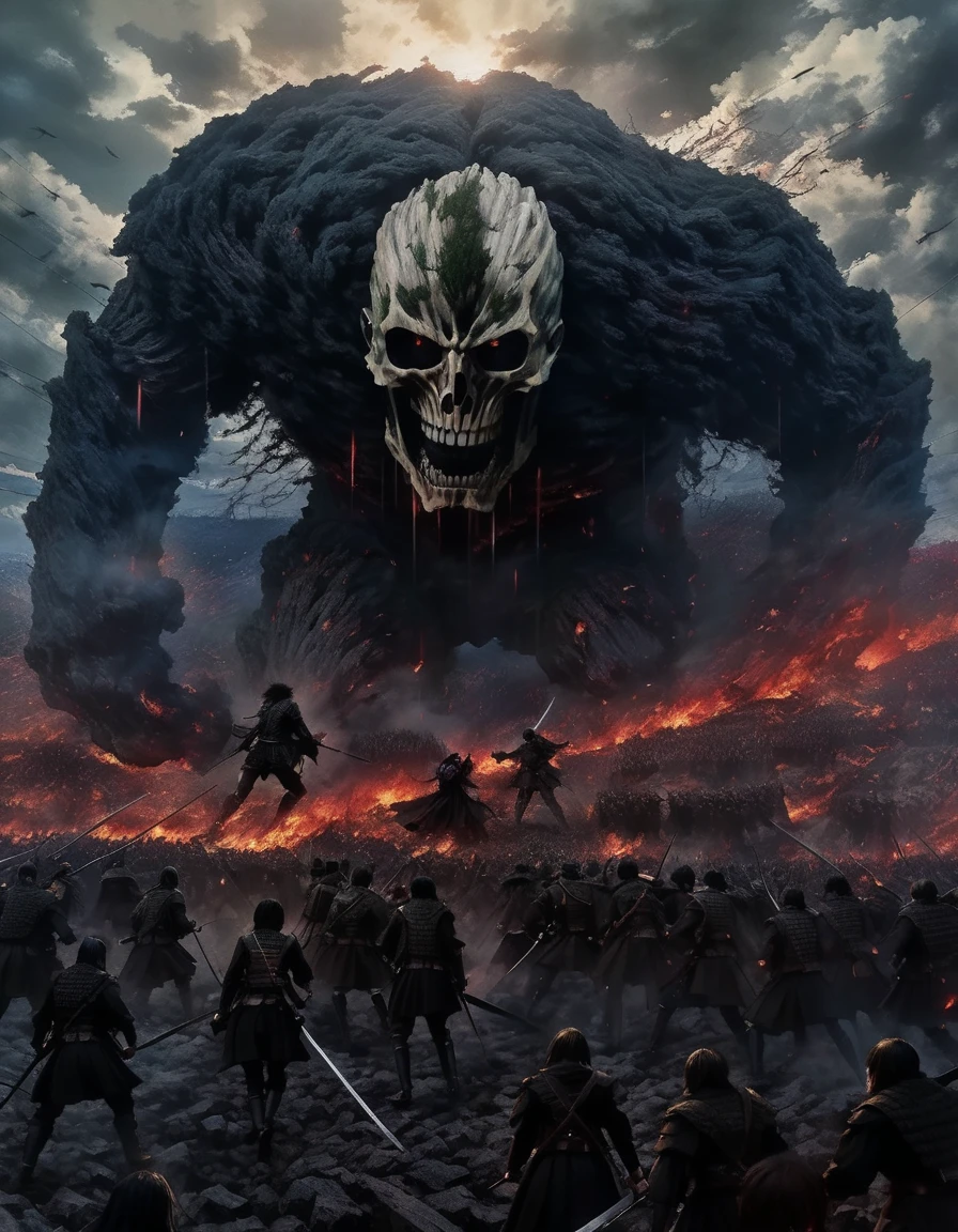 A scene from the Attack on Titan anime, in the style of analytical art, by Ryan Yee, inspired by MAPPA and Zdzislaw Beksinski. The scene depicts a Titan, a humanoid creature with a human-like head and a body made of bone, attacking a group of humans. The humans are fighting back with swords and shields. The scene is set in a dark and ominous landscape. The humans are depicted in a realistic and detailed style, while the Titan is depicted in a more abstract and surreal style. The scene is meant to convey a sense of horror and despair.