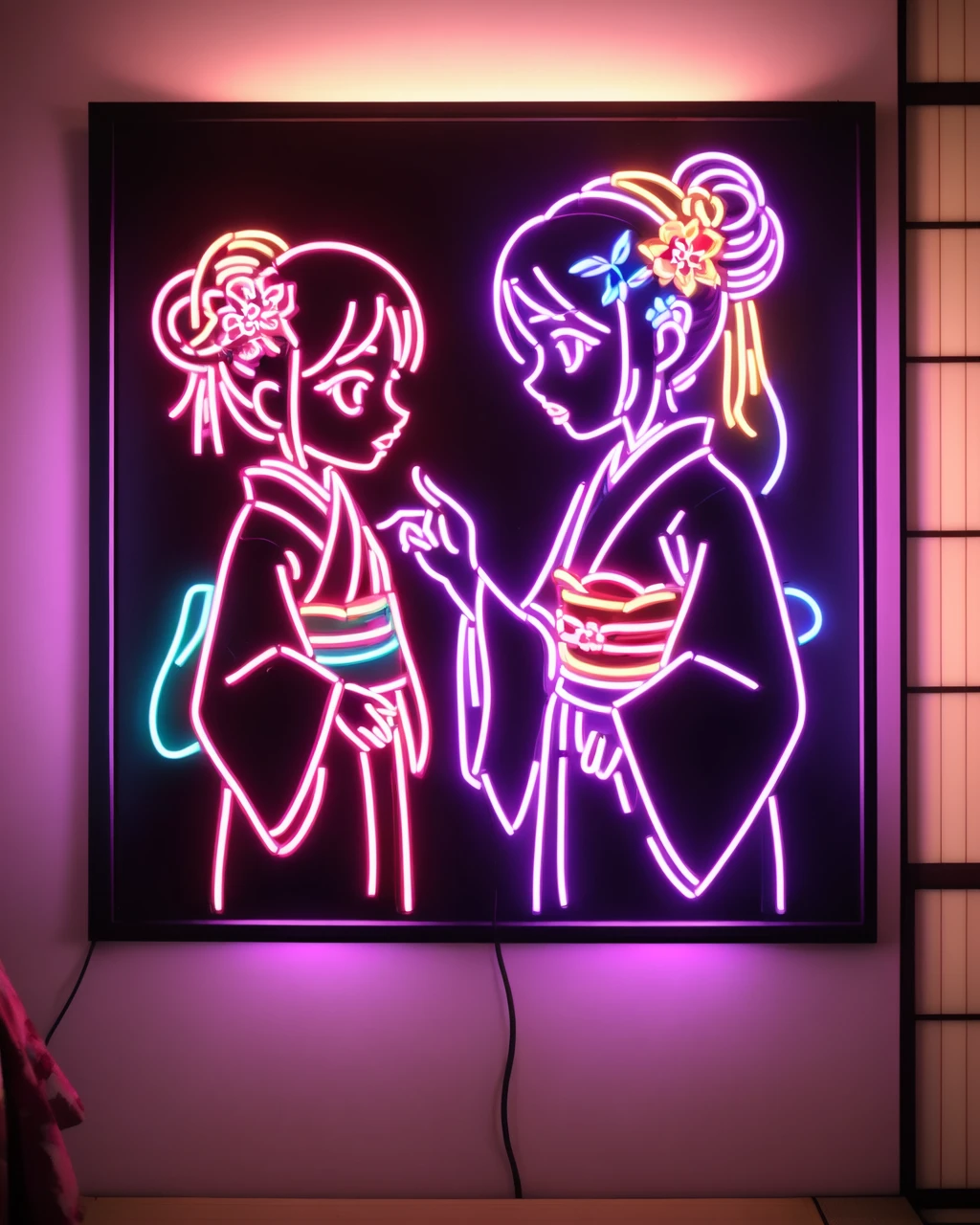 <lora:neon_v1:0.7> old woman, standing, ponytail, flower, cowboy shot, parted lips, japanese clothes, indoors, hand up, hair flower, wide sleeves, medium hair, kimono, hair bun, pointing at another, neon sign, neonsign, neon, LED