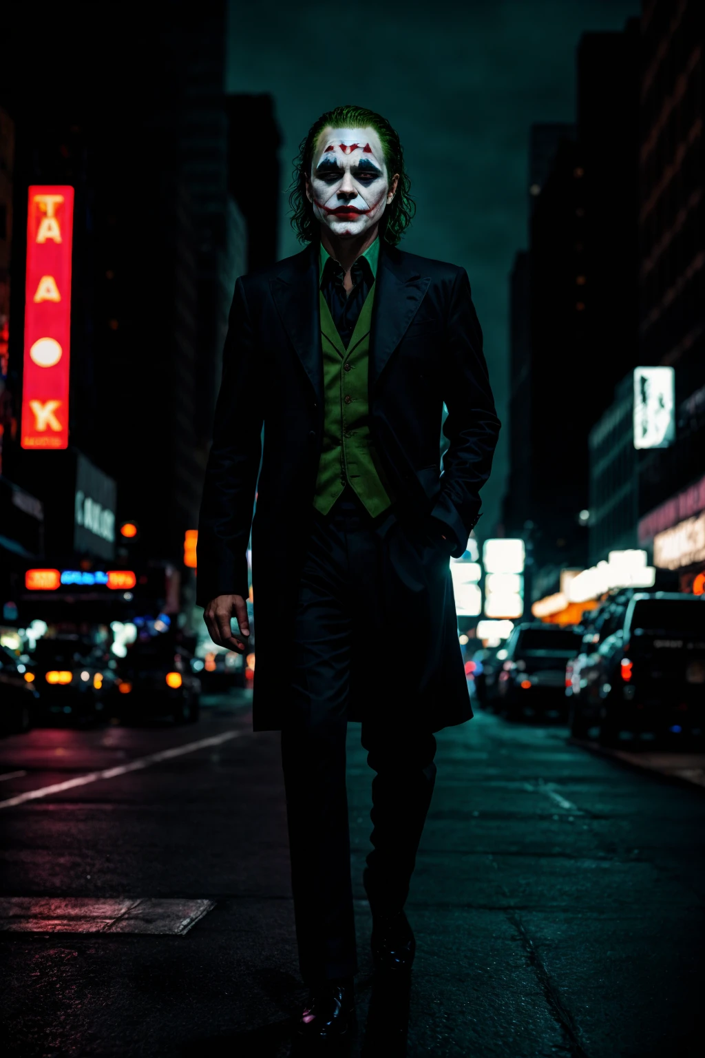 the joker, night city, epic photo, highly detailed, masterpiece, blue neon lights, cinematic angle, best quality, solo, bokeh, pixiv, depth of field