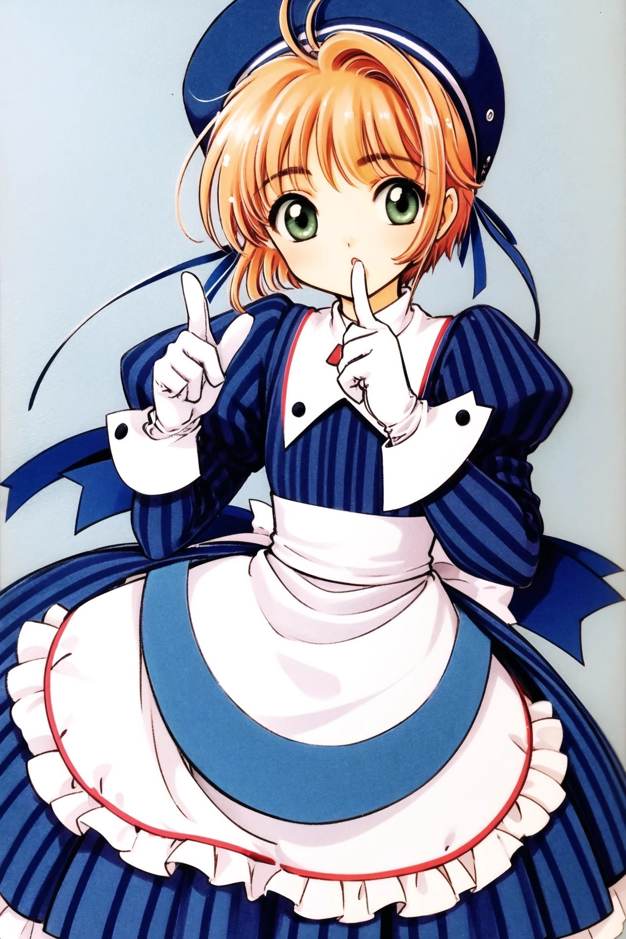 1girl, solo, kinomoto sakura, green eyes, hat, gloves, dress, white background, striped, white gloves, short hair, simple background, looking at viewer, long sleeves, puffy sleeves, antenna hair, apron, brown hair, blue dress, finger to mouth, 1990s (style), juliet sleeves, index finger raised, retro artstyle, vertical stripes, :o, striped dress, blue headwear, bangs, <lora:Card Captor Sakura_v2:0.8>