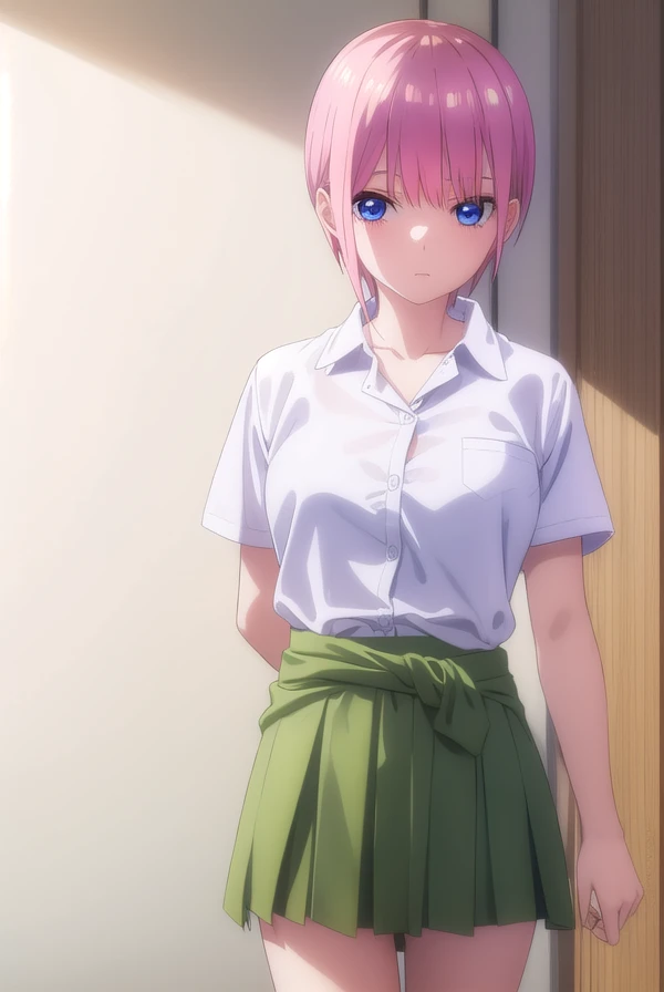 ichikanakano, <lora:ichikanakanospecial-lora-nochekaiser:1>,
ichika nakano, short hair, bangs, blue eyes, hair between eyes, pink hair,
BREAK skirt, shirt, school uniform, white shirt, short sleeves, pleated skirt, shoes, socks, collared shirt, black footwear, sweater, white socks, (green skirt:1.5), loafers, clothes around waist,
BREAK indoors, classroom,
BREAK looking at viewer, (cowboy shot:1.5),
BREAK <lyco:GoodHands-beta2:1>, (masterpiece:1.2), best quality, high resolution, unity 8k wallpaper, (illustration:0.8), (beautiful detailed eyes:1.6), extremely detailed face, perfect lighting, extremely detailed CG, (perfect hands, perfect anatomy),