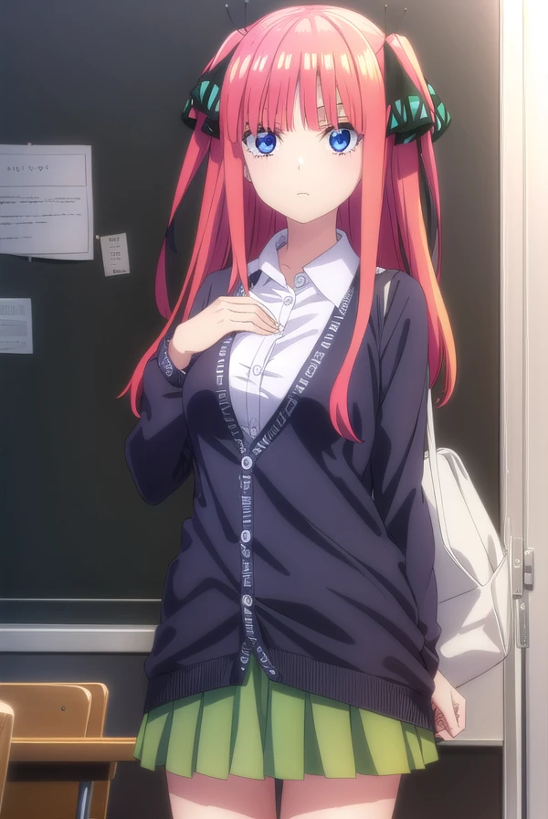 ninonakano, <lora:ninonakanospecial-lora-nochekaiser:1>,
nino nakano, long hair, bangs, blue eyes, hair ornament, hair ribbon, pink hair, blunt bangs, two side up, butterfly hair ornament,
BREAK skirt, shirt, long sleeves, white shirt, pleated skirt, open clothes, collared shirt, sleeves past wrists, dress shirt, cardigan, green skirt, open cardigan, black cardigan,
BREAK indoors, classroom,
BREAK looking at viewer, (cowboy shot:1.5),
BREAK <lyco:GoodHands-beta2:1>, (masterpiece:1.2), best quality, high resolution, unity 8k wallpaper, (illustration:0.8), (beautiful detailed eyes:1.6), extremely detailed face, perfect lighting, extremely detailed CG, (perfect hands, perfect anatomy),