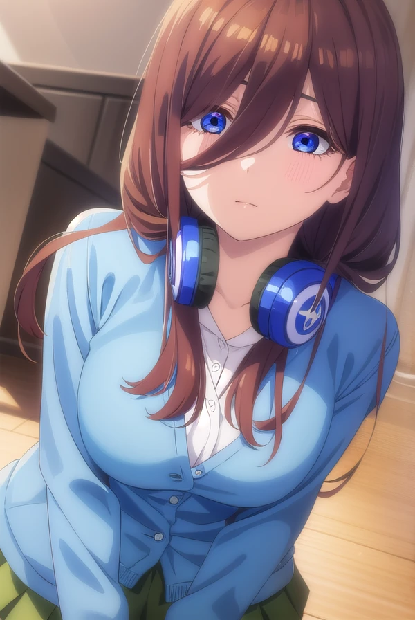 mikunakano, <lora:mikunakanospecial-lora-nochekaiser:1>,
miku nakano, long hair, bangs, blue eyes, brown hair, shirt, hair between eyes, headphones, cardigan, headphones around neck,
BREAK skirt, shirt, long sleeves, white shirt, pantyhose, pleated skirt, black pantyhose, cardigan, green skirt, blue cardigan,
BREAK indoors, classroom,
BREAK looking at viewer,
BREAK <lyco:GoodHands-beta2:1>, (masterpiece:1.2), best quality, high resolution, unity 8k wallpaper, (illustration:0.8), (beautiful detailed eyes:1.6), extremely detailed face, perfect lighting, extremely detailed CG, (perfect hands, perfect anatomy),