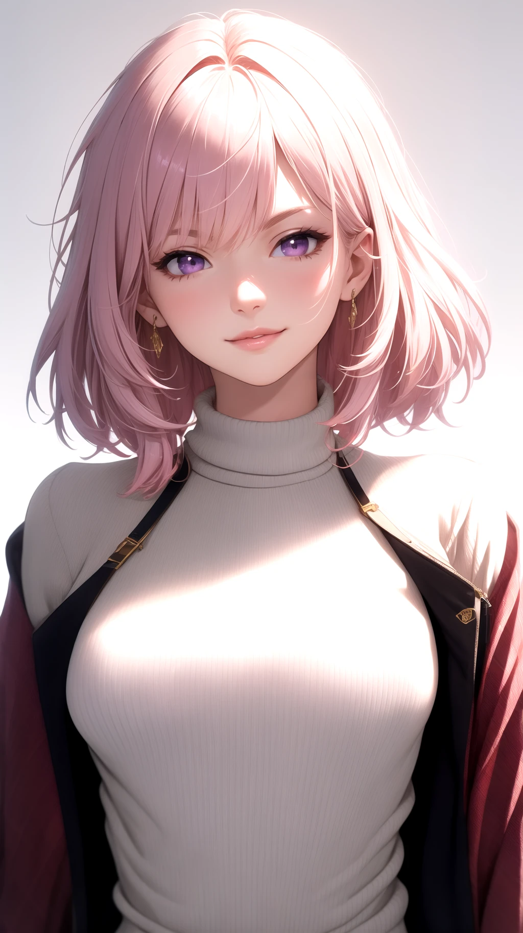 (masterpiece, best quality), shiny face, shiny skin, best quality, ultra-high resolution, depth of field, intricate details, thin, ((slim)), beautiful girl, Light pink hair, white skin, light purple eyes, sharp jawline, cropped jacket, messy hair, plump lips, upper body, smirk, plum areolas, light colored areolas, Puffy nipples, puffy areolas, both sides of tits is in the flame, detailed eyes, detailed tits, upper body