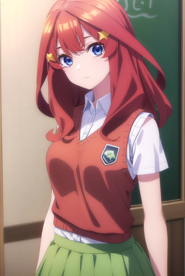 itsukinakano, <lora:itsukinakanospecial-lora-nochekaiser:1>,
itsuki nakano, bangs, blue eyes, hair between eyes, ahoge, red hair, star \(symbol\), hair ornament, star hair ornament,
BREAK skirt, shirt, school uniform, collarbone, white shirt, short sleeves, pleated skirt, socks, collared shirt, miniskirt, kneehighs, white socks, (green skirt:1.5), sweater vest, (red sweater vest:1.5),
BREAK indoors, classroom,
BREAK looking at viewer, (cowboy shot:1.5),
BREAK <lyco:GoodHands-beta2:1>, (masterpiece:1.2), best quality, high resolution, unity 8k wallpaper, (illustration:0.8), (beautiful detailed eyes:1.6), extremely detailed face, perfect lighting, extremely detailed CG, (perfect hands, perfect anatomy),