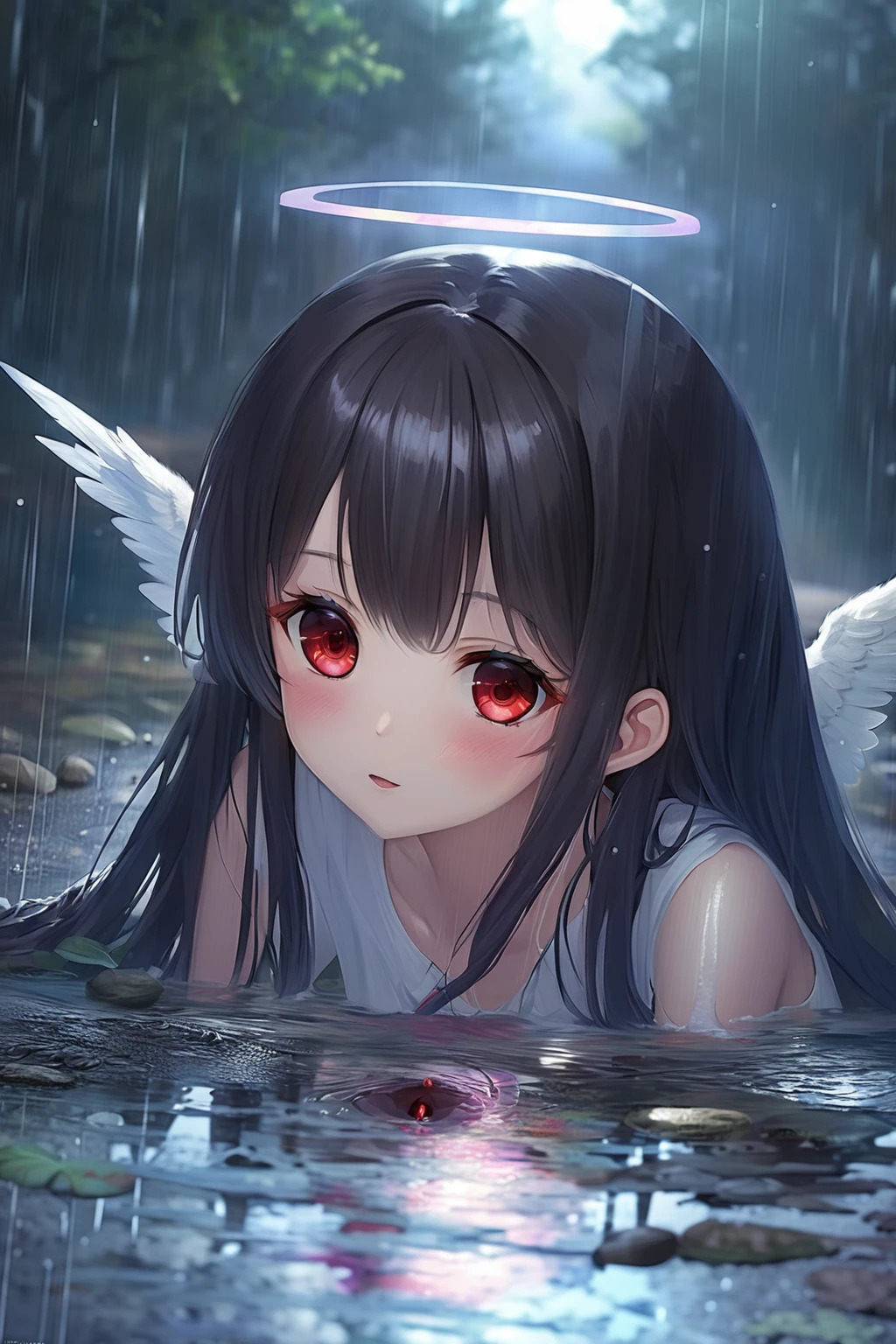 masterpiece,best quality, game CG,
BREAK
1girl, red eyes, long hair, black hair,angel wings,
BREAK
Rain pours down, creating puddles on the ground.
BREAK
Within the puddles, transparent specks of light reflect, as if an angel had descended upon this very spot.
BREAK
The surrounding air feels fresh, imbued with a special ambiance.