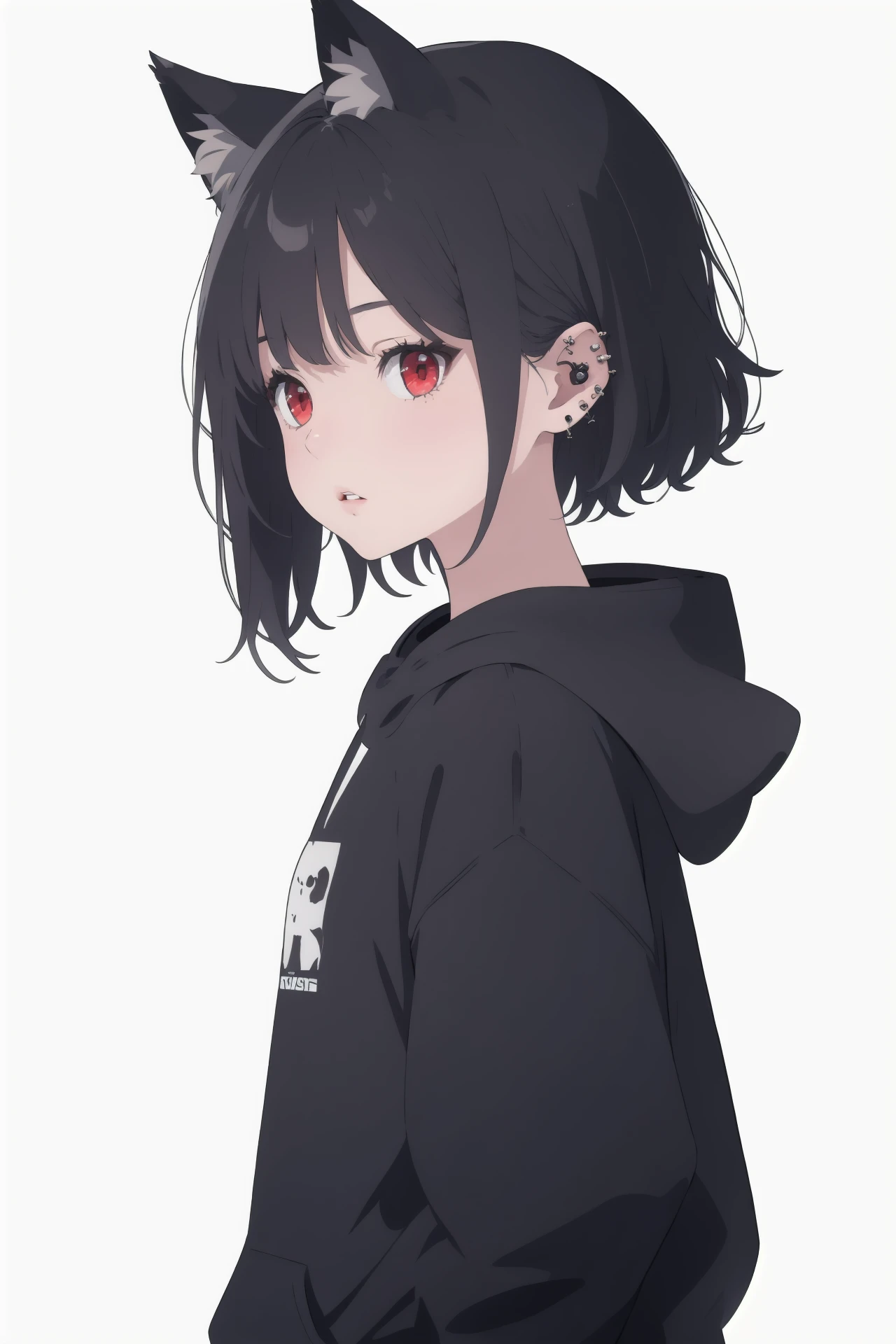 (best quality, masterpiece, highres),1girl,solo,red eyes,short hair,black hair,animal ears,piercing,parted lips,bangs,black hoodie,looking at viewer,from side,animal ear fluff,cowboy shot,simple background,
<lora:onlysimple_v1:1>,