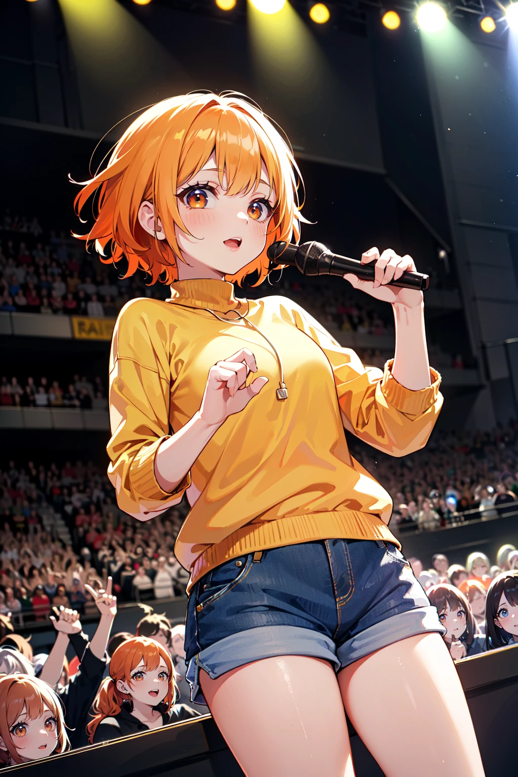 (best quality, masterpiece:1.1),   close up,  looking at viewer, staring,   (1female), aroused face, orange hair, absurdly short hair, wavy hair,         (pullover, shorts:1.2), (Idol:1.2), (singer:1.2), ( concert, (concert hall, stage), crowd, highlights, (Idol), (singer)),